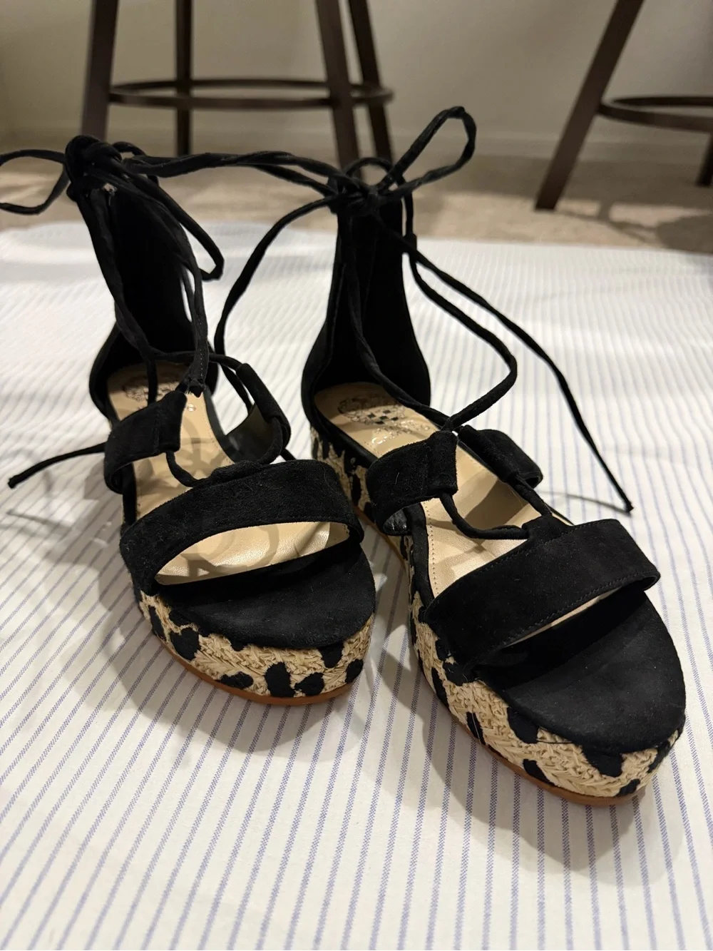 Vince Camuto Black Suede Lace-Up Platform Wedges with Leopard Trim